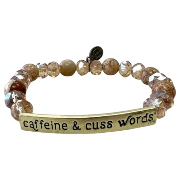 Caffeine And Cuss Words Stretch Beaded Natural Stone Boho Funny Sassy Bracelet - Picture 1 of 1